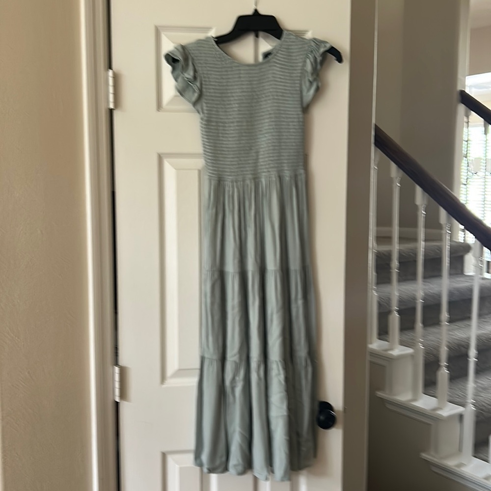 KYL summer dress, tiered maxi. Sea green.